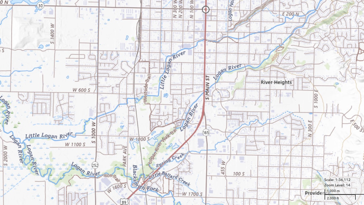 This USGS map shows both the Logan River and the upper Little Logan River. These rivers define the Island district where Logan was originally founded. Click for a larger view and zoom in to Logan, UT