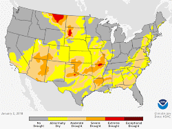 Drought conditions across the United States as of January 2, 2018. Moderate drought (peach) expanded in size across Arizona according to the first United States drought monitor of 2018. Overall, much of the Four Corners region of the southwestern United States is in some form of drought. Climate.gov map, based on data from the National Drought Monitor project. Courtesy: NOAA Climate.gov Data: NDMC